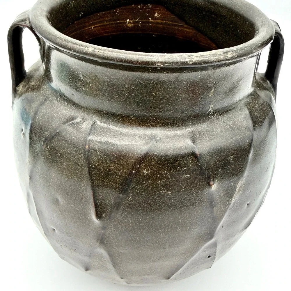 Antique 19thC Asian Brown Glazed Stoneware‎ Jar Cross Hatch Estate